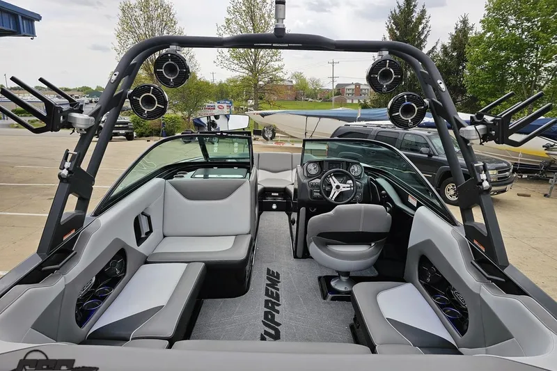 Slide: The Image of Interior of a 2018 Supreme S226 boat with modern seating and audio system. - 41