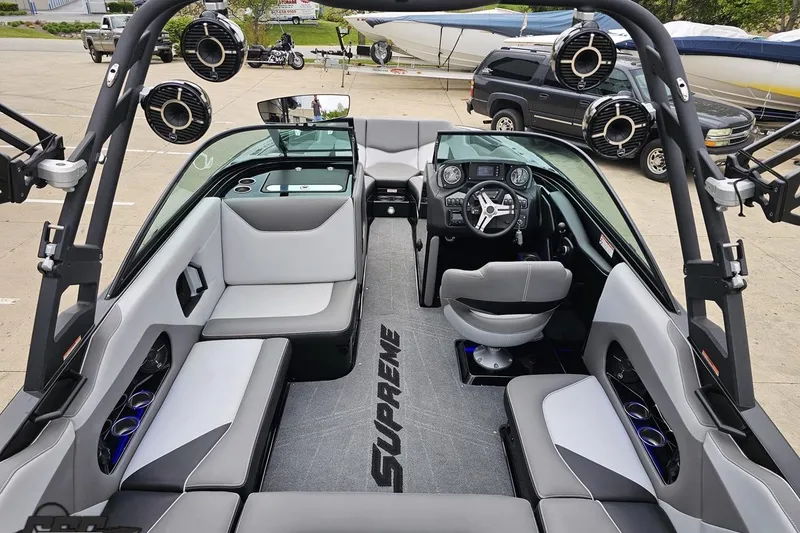 Slide: The Image of Interior of a 2018 Supreme S226 boat with modern seating and audio system. - 42