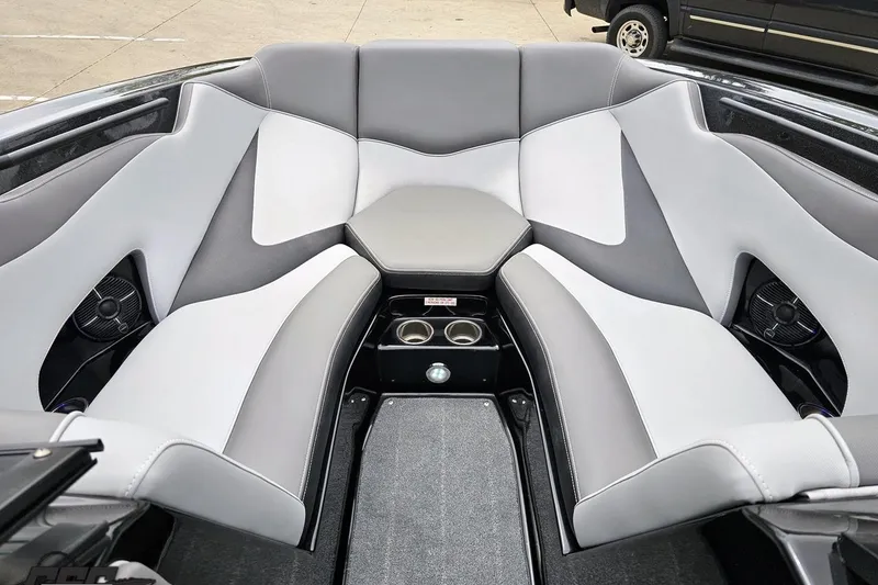 Slide: The Image of Luxurious interior of 2018 Supreme S226 boat with gray and white seating. - 71