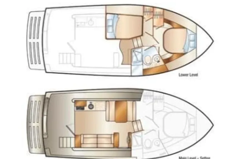 Slide: The Image of Floor plan of 2011 Mainship 395 Trawler, showcasing lower and main levels with detailed layout. - 5