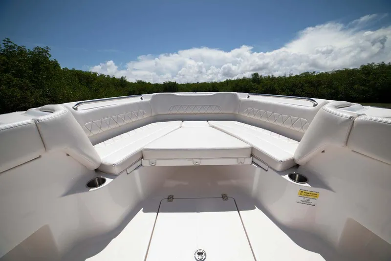 Slide: The Image of Manufacturer Provided Image: Luxurious seating on 2026 Blazer Bay Makaira 2800 boat under clear blue sky. - 10