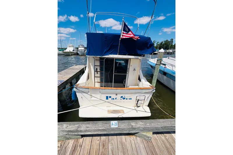 Slide: The Image of 1988 Sea Ray 305 Sedan Bridge docked, featuring blue canopy and American flag. - 3