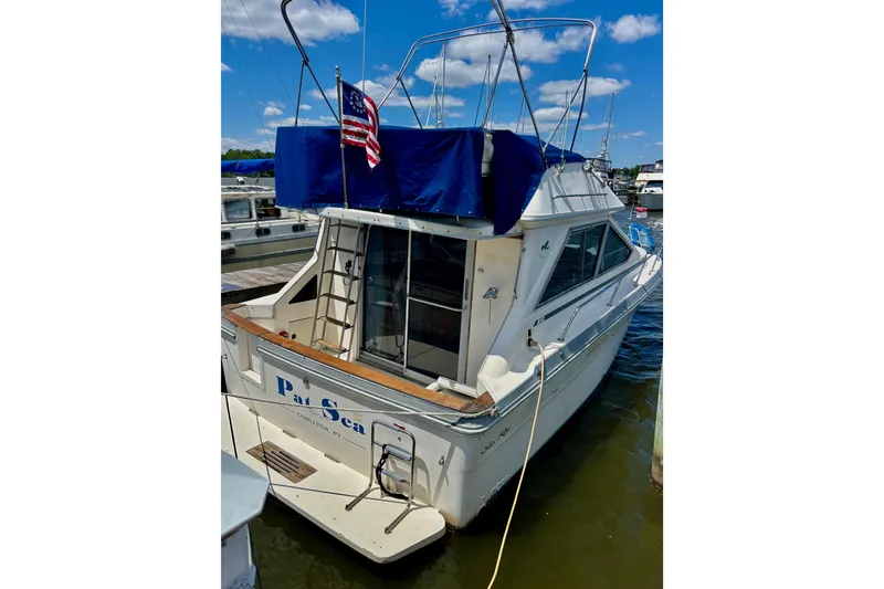 Slide: The Image of 1988 Sea Ray 305 Sedan Bridge docked, featuring blue canopy and American flag. - 4