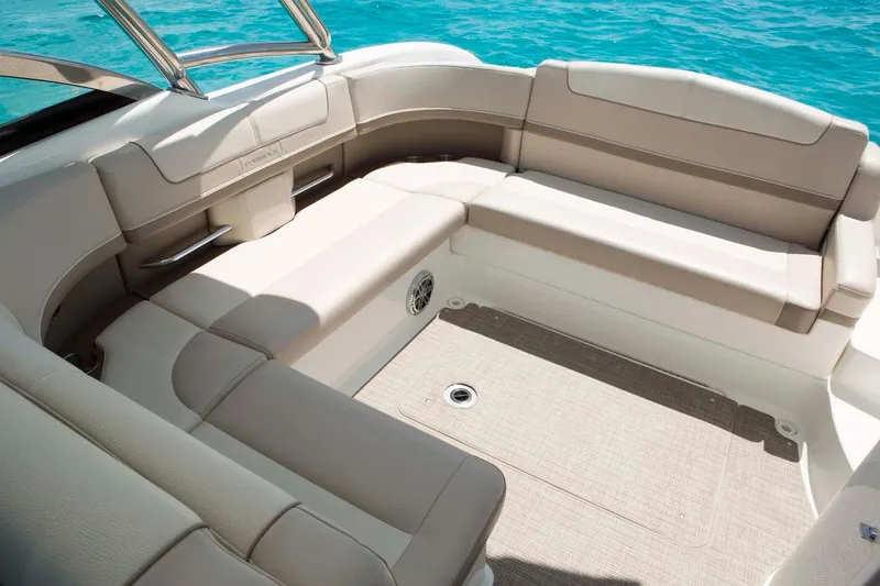 Slide: The Image of Manufacturer Provided Image: 2016 Formula 350 Crossover Bowrider interior seating with beige upholstery. - 16
