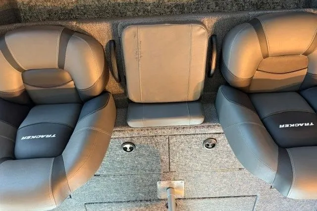 Slide: The Image of 2026 Tracker Pro Team 195 boat seats, gray upholstery, top view. - 12