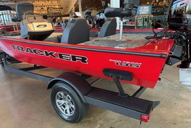 The Image of Red 2026 Tracker Pro Team 195 boat on trailer in showroom. - 0