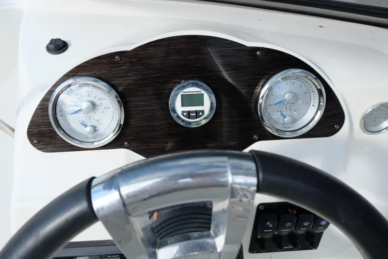 Slide: The Image of Dashboard of a 2020 Stingray 191 DC boat with gauges and steering wheel. - 15