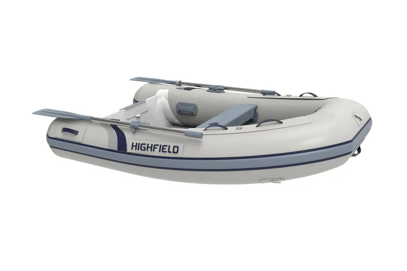 Slide: The Image of Manufacturer Provided Image: 2025 Highfield Ultralite 240 inflatable boat, white with blue accents, side view. - 9