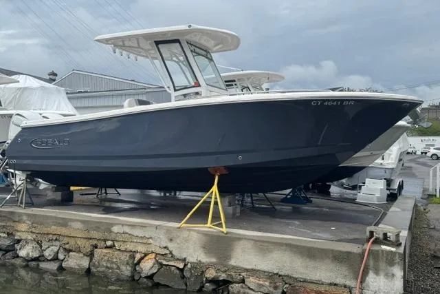 The Image of 2025 Robalo R250 Center Console boat on display, elevated on stands, in a marina setting. - 0