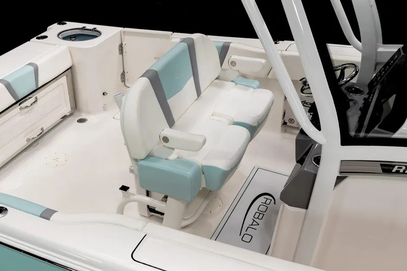 Slide: The Image of Manufacturer Provided Image: 2025 Robalo R250 Center Console boat interior with cushioned seating and storage compartments. - 15