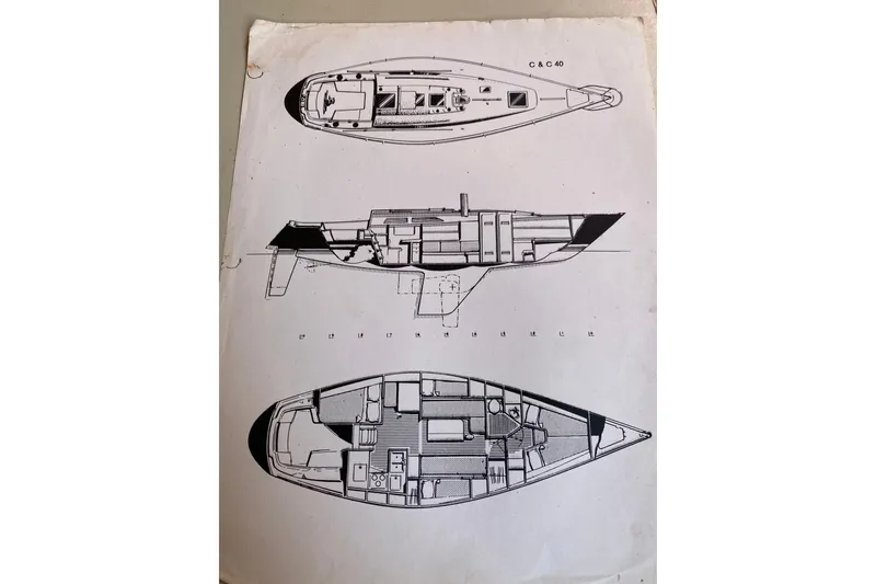 Slide: The Image of Blueprint of 1981 C&C 40 sailboat, showcasing detailed interior and exterior layouts. - 36