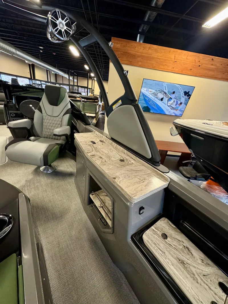 Slide: The Image of 2025 Tahoe Pontoon Grand Tahoe LTD interior with versatile rear bench and windshield. - 4