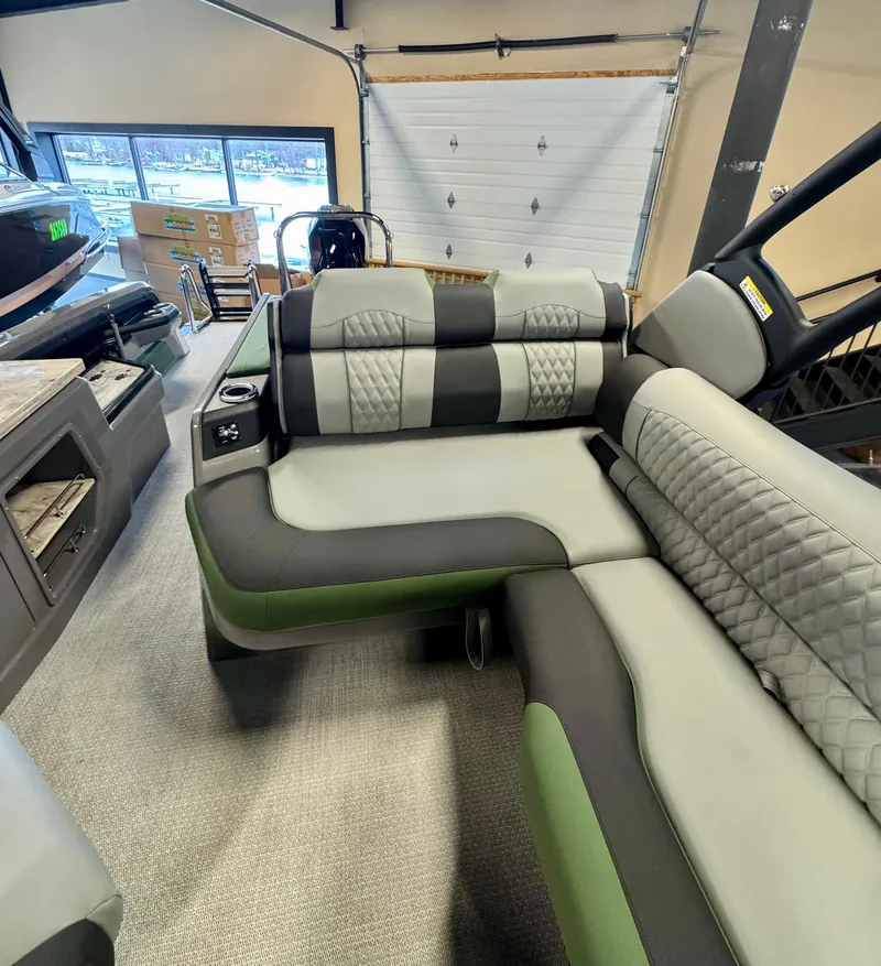 Slide: The Image of 2025 Tahoe Pontoon Grand Tahoe LTD Versatile Rear Bench Windshield interior with stylish seating. - 6