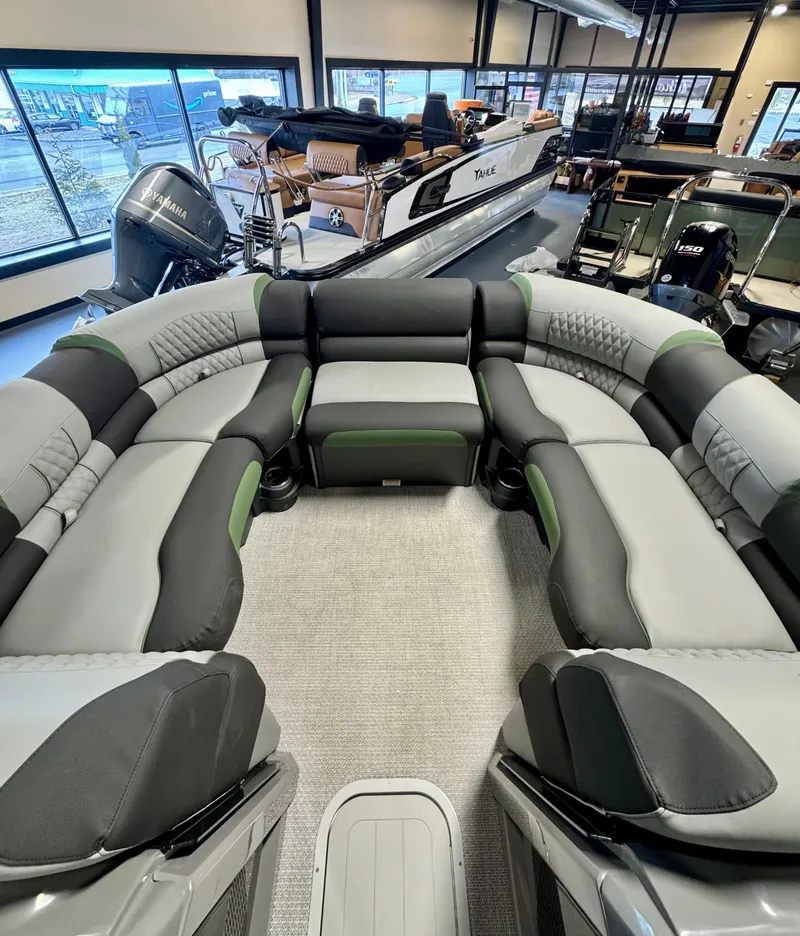 Slide: The Image of 2025 Tahoe Pontoon Grand Tahoe LTD Versatile Rear Bench Windshield interior, showcasing luxurious seating. - 8