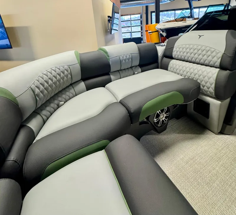 Slide: The Image of Luxurious seating in 2025 Tahoe Pontoon Grand Tahoe LTD Versatile Rear Bench Windshield. - 9