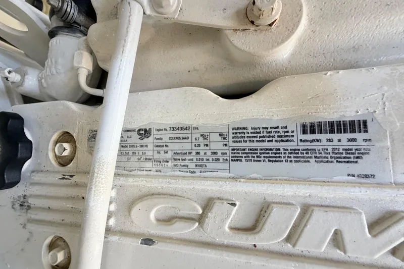 Slide: The Image of Close-up of Cummins engine label on 2013 Tiara Yachts 3600 Coronet. - 58
