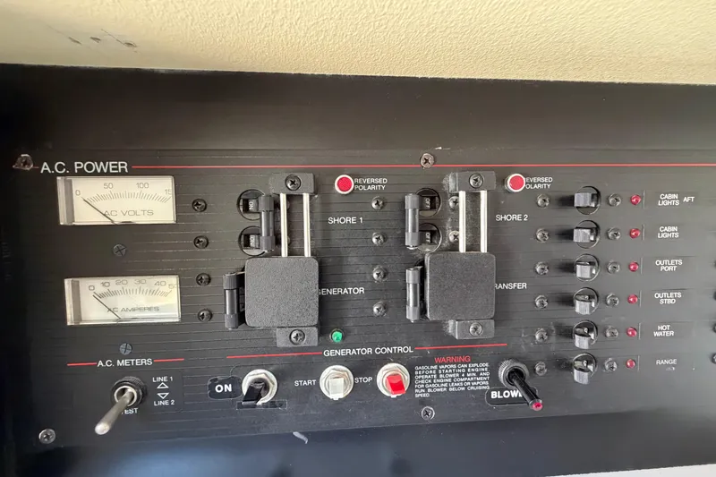 Slide: The Image of Control panel of a 1989 Wellcraft 3400 Gran Sport boat, showing AC power meters and switches. - 22
