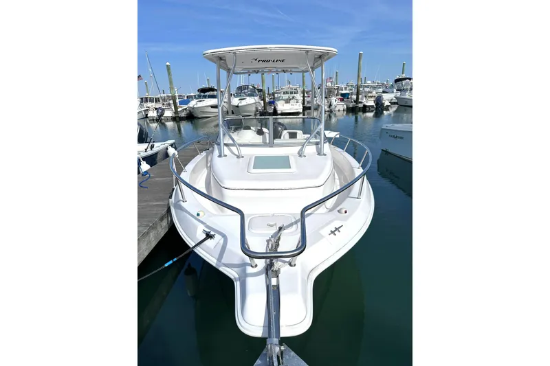 Slide: The Image of 2006 Pro-Line 21 Walkaround boat docked in a marina under clear blue skies. - 3