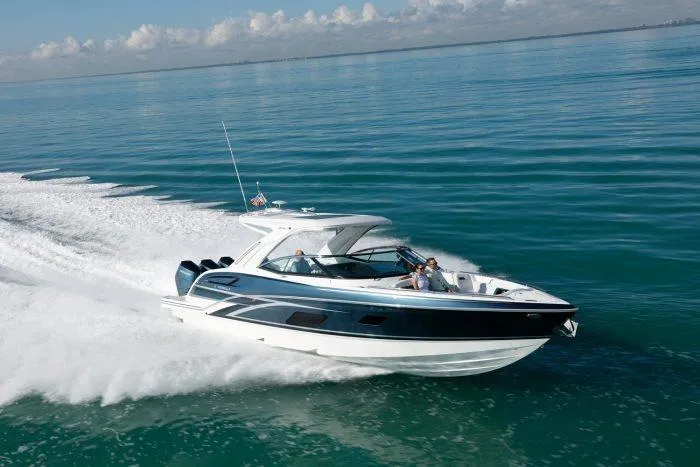 Slide: The Image of 2026 Formula 360 Crossover Bowrider OB cruising on open water. - 10