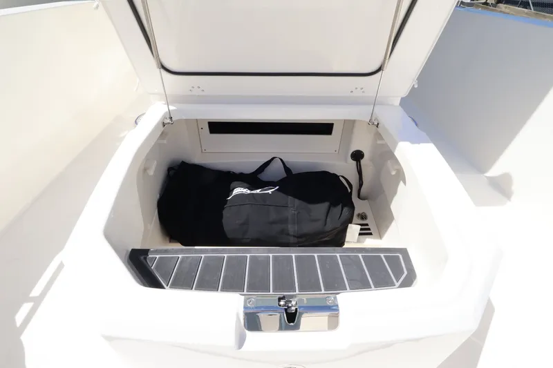 Slide: The Image of An open storage compartment on a Boston Whaler 280 Dauntless boat with a black bag inside. - 21