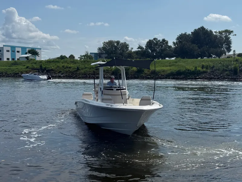 Slide: The Image of A 2027 Boston Whaler 250 Dauntless cruising on a calm river with a sunshade. - 2