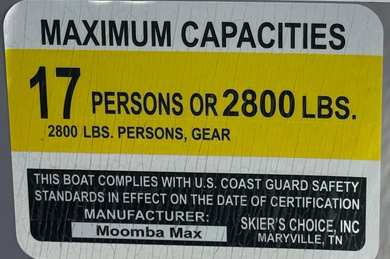 Slide: The Image of 2022 Moomba Max capacity label: 17 persons or 2800 lbs, U.S. Coast Guard compliant. - 34