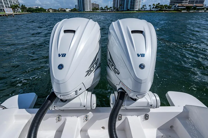 Slide: The Image of Twin Yamaha V8 outboard engines on a 2020 Intrepid 345 Nomad FE boat. - 57