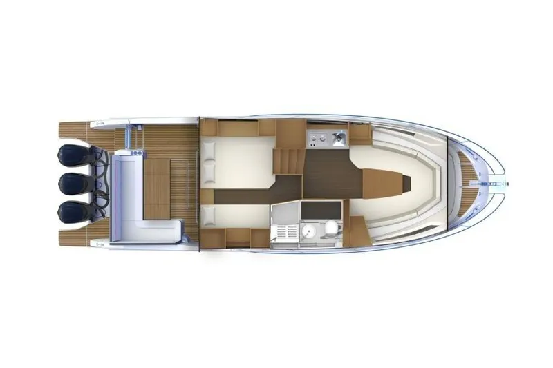 Slide: The Image of Top view of 2022 Jeanneau Leader 12.5 WA boat layout with triple engines. - 41