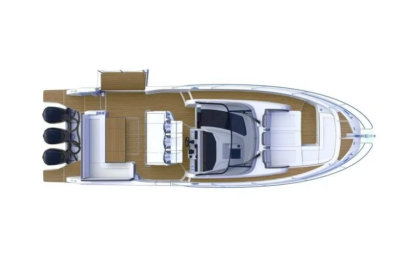 Slide: The Image of Top view of 2022 Jeanneau Leader 12.5 WA boat layout with triple engines. - 42