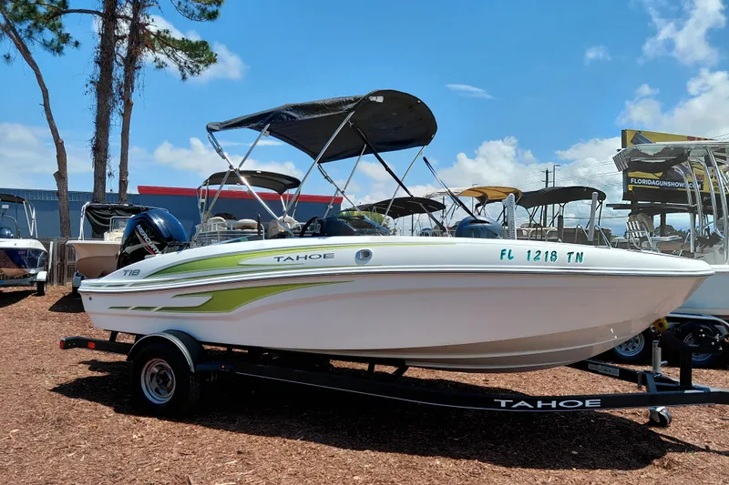 Slide: The Image of 2023 Tahoe T18 boat on trailer under clear blue sky. - 10