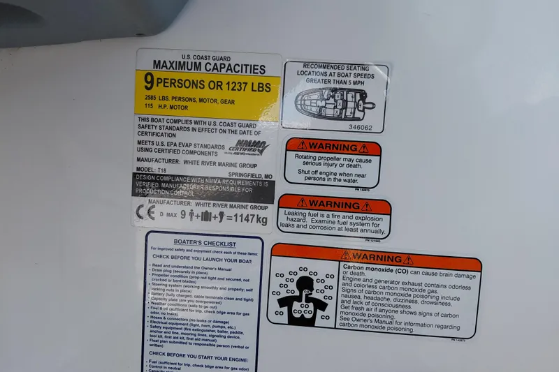 Slide: The Image of 2023 Tahoe T18 boat capacity and safety warnings, including maximum load and carbon monoxide risks. - 28