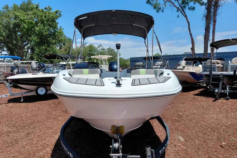 Slide: The Image of 2023 Tahoe T18 boat displayed outdoors with canopy, surrounded by trees and other boats. - 3