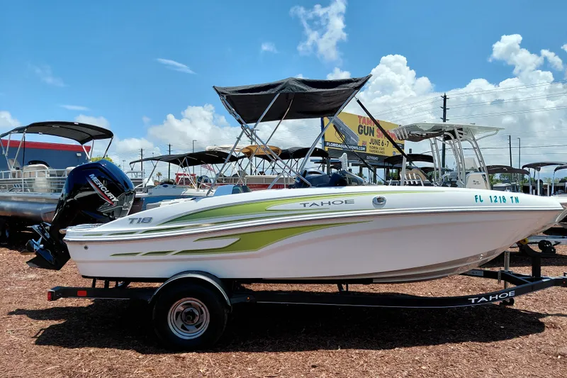 Slide: The Image of 2023 Tahoe T18 boat on trailer under clear blue sky. - 9