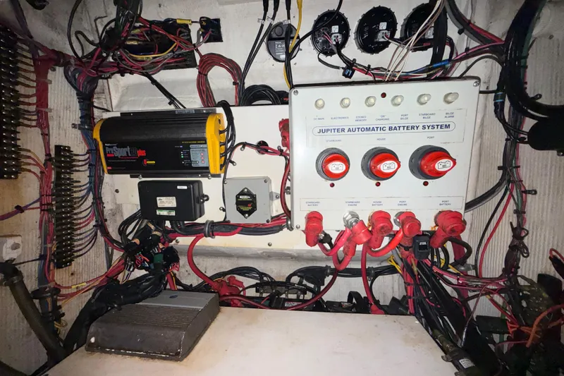 Slide: The Image of Electrical system of a 2008 Jupiter 34 FS boat with battery management panel. - 23
