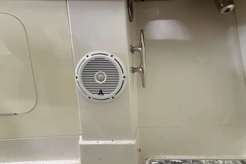 Slide: The Image of Boat interior with JL Audio speaker and cleat, Jupiter 34 FS, 2008 model. - 27