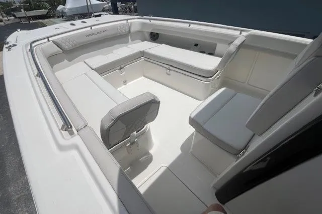 Slide: The Image of 2025 World Cat 280 CC-X boat interior with spacious seating and modern design. - 4