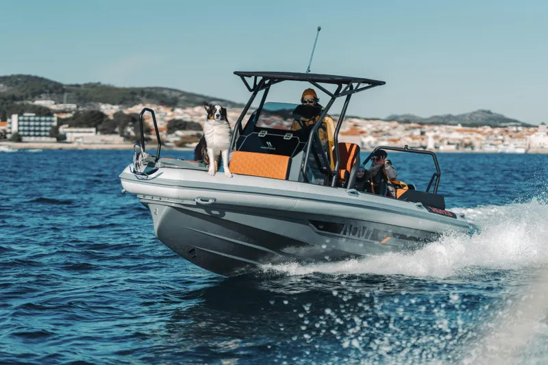 Slide: The Image of 2026 Highfield ADV7 boat cruising with passengers and a dog on a sunny day. - 4