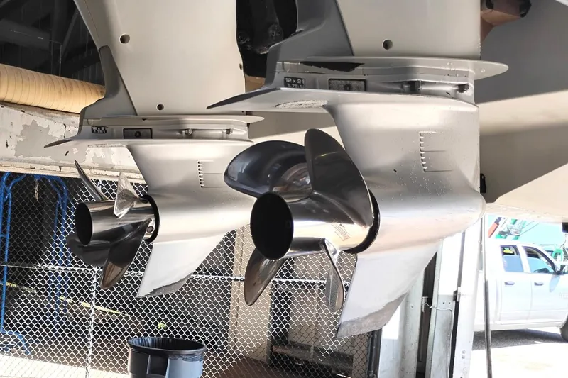 Slide: The Image of Close-up of dual propellers on a 2018 Boston Whaler 280 Outrage boat. - 36