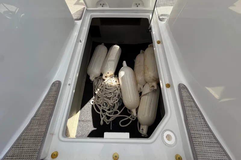 Slide: The Image of Storage compartment of 2019 Crownline Eclipse E295 XS with boat fenders and ropes. - 36