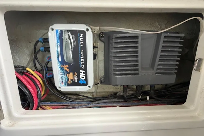 Slide: The Image of Electrical components inside a 2016 Chris-Craft Catalina 34 boat, featuring Hull Shield HD4 system. - 8