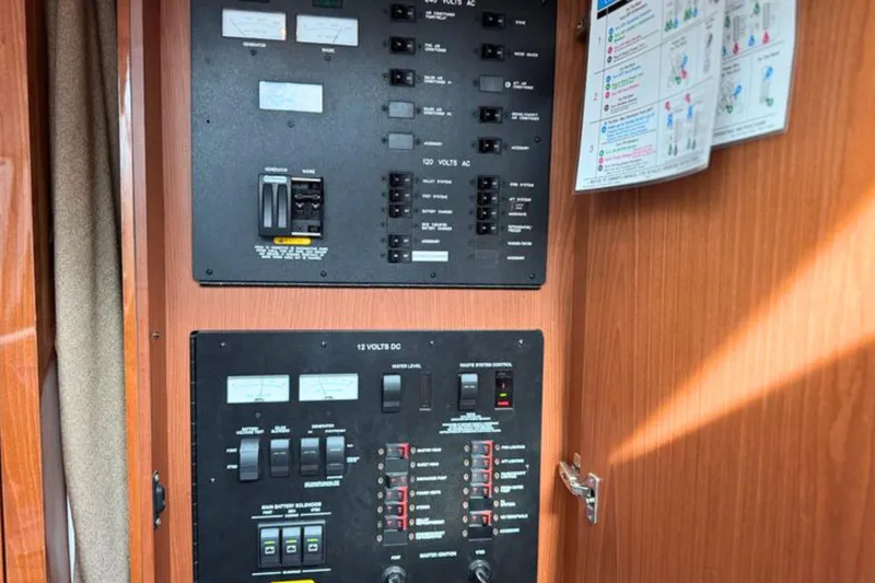 Slide: The Image of Electrical control panel inside a 2013 Sea Ray 450 Sundancer yacht. - 43