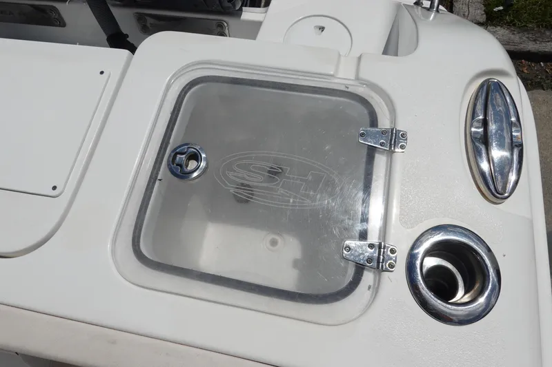 Slide: The Image of 2022 Sea Hunt Gamefish 27 Coffin Box with clear hatch and stainless steel fittings. - 9