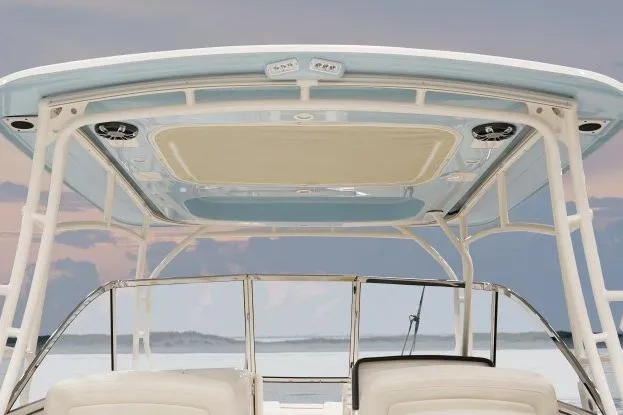 Slide: The Image of Grady-White Freedom 285 boat top view, showcasing sleek design and spacious seating, 2027 model. - 10