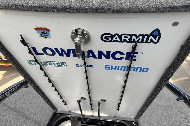Slide: The Image of 2022 Ranger Z520R Cup-Equipped boat with Garmin, Lowrance, Shimano logos on storage lid. - 44