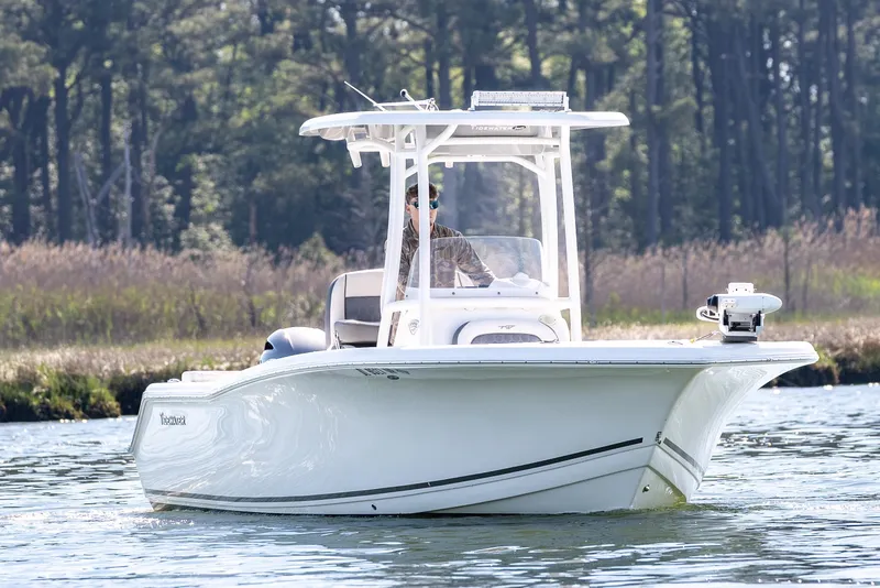 Slide: The Image of 2021 Tidewater 220 LXF boat cruising on a serene lake with forest backdrop. - 8