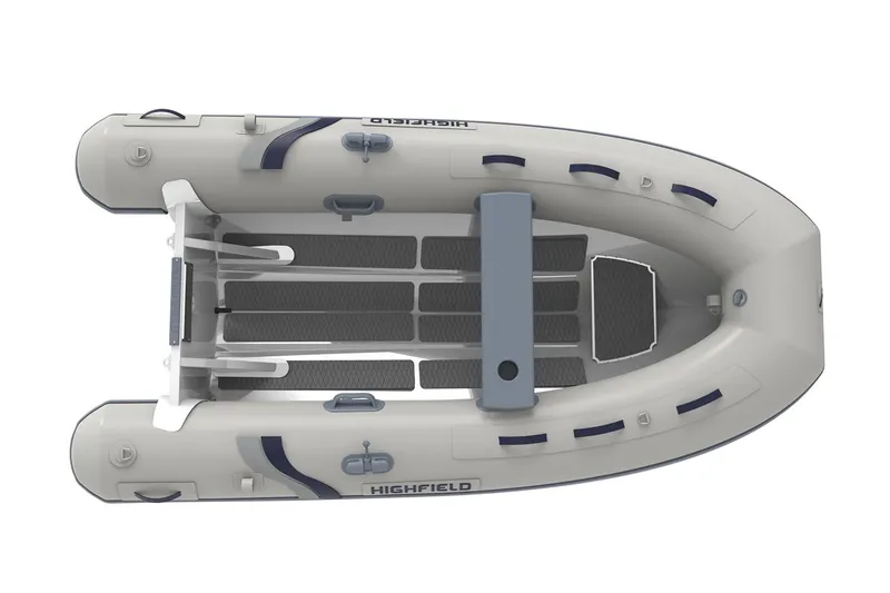 Slide: The Image of Manufacturer Provided Image: 2025 Highfield UltraLite 290 inflatable boat, top view, gray and blue design. - 2