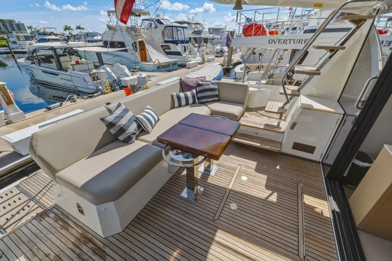 Slide: The Image of Luxurious 2022 Prestige 520 yacht deck with elegant seating and wooden flooring. - 69