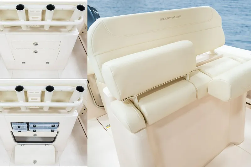 Slide: The Image of 2026 Grady-White Fisherman 236 boat seating and storage compartments, featuring rod holders. - 7