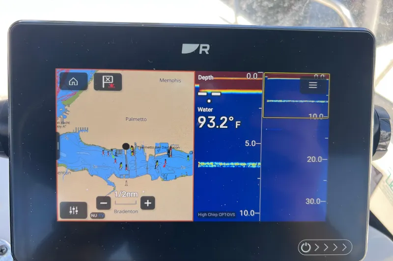 Slide: The Image of Boat navigation display showing map and water temperature, Boston Whaler 170 Montauk, 2017 model. - 26