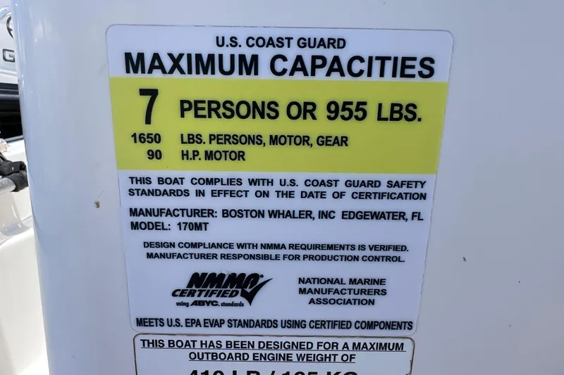 Slide: The Image of U.S. Coast Guard capacity label for 2017 Boston Whaler 170 Montauk, 7 persons or 955 lbs. - 27